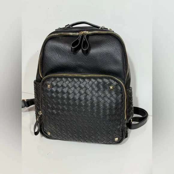 MADISON WEST Black woven pocket vegan leather Backpack with brass hardware - Picture 9 of 9